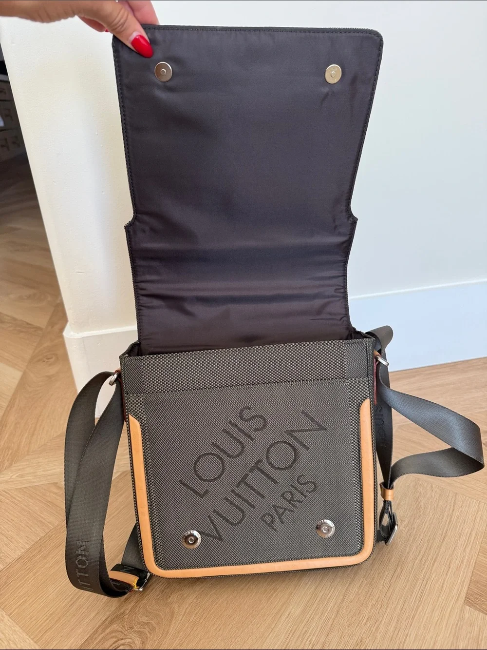 Louis Vuitton Gray Messenger Bag with Tan Trim